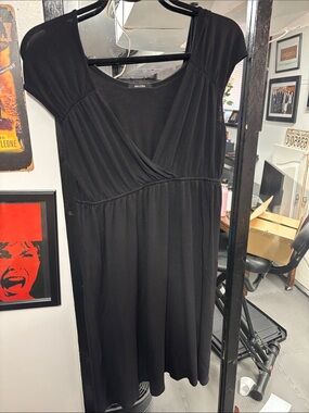 Majora Black Cap-Sleeve Faux-Wrap Midi Dress